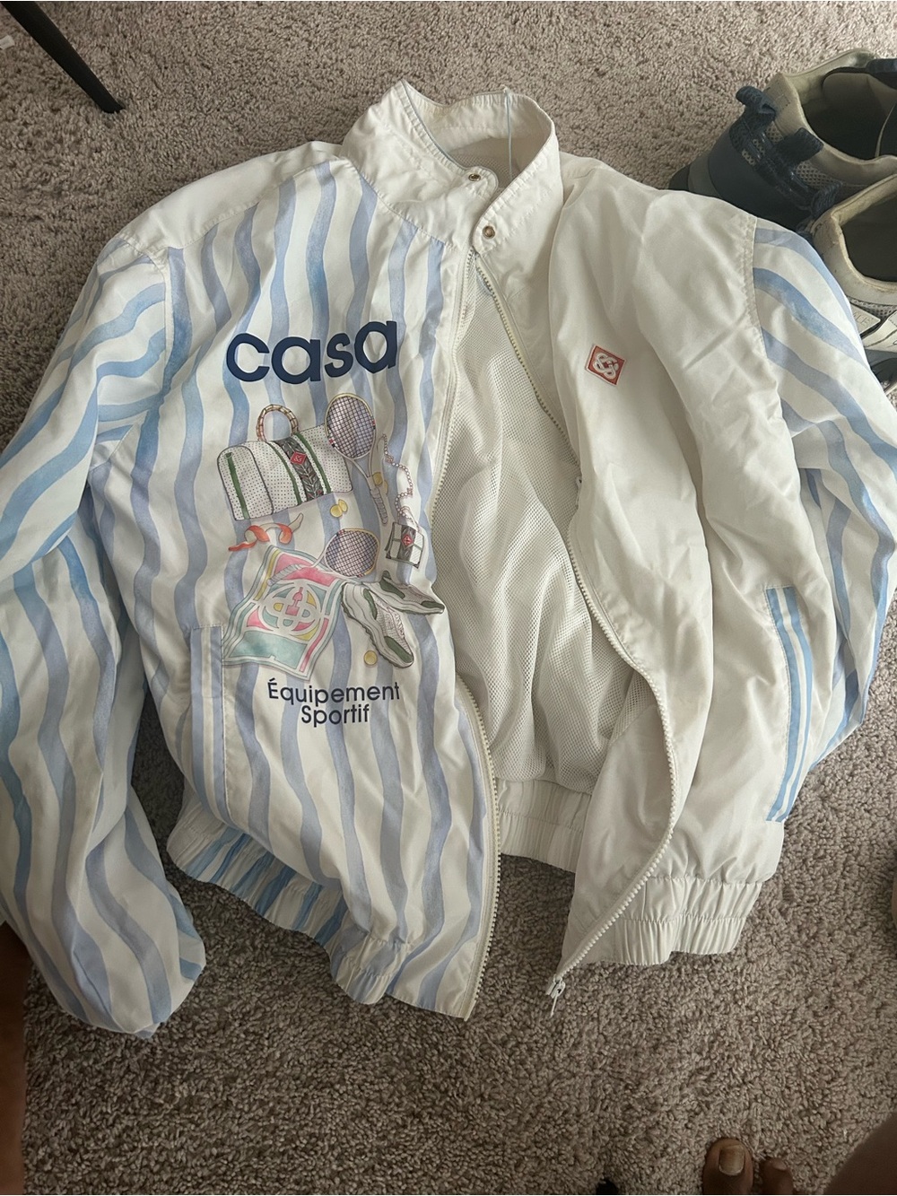 Casablanca White & Light Blue Striped Jacket with Graphic Print